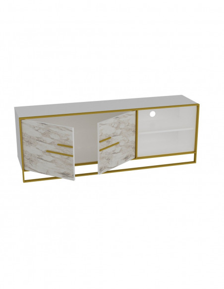 Mueble de TV SIENA, biIaminado mármol blanco con metal dorado, 160 cms.