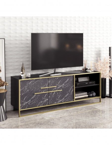 Mueble de TV SIENA, biIaminado mármol negro con metal dorado, 160 cms.