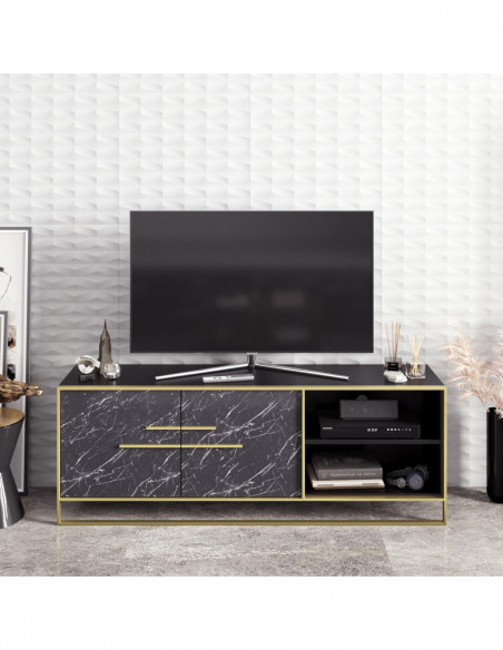 Mueble de TV SIENA, biIaminado mármol negro con metal dorado, 160 cms.