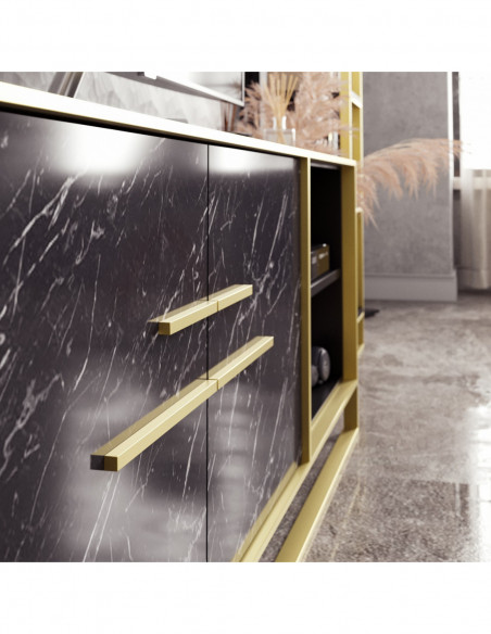 Mueble de TV SIENA, biIaminado mármol negro con metal dorado, 160 cms.