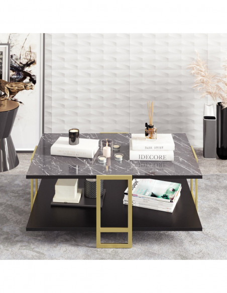 Mesa baja SIENA, biIaminado mármol negro, con metal dorado 91,5 cms.