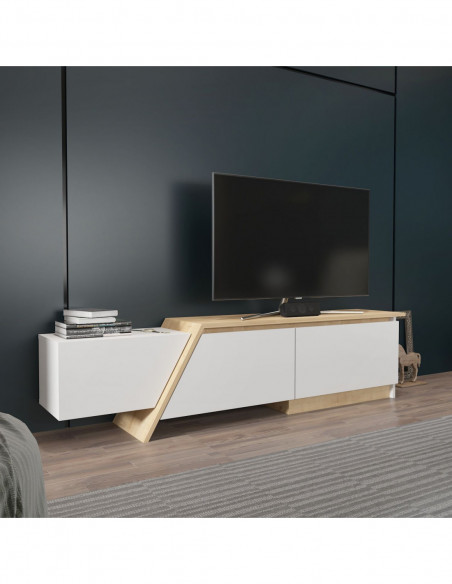Mueble de TV PRUDENCE, biIaminado blanco con roble, 180 cms.