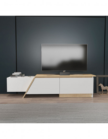 Mueble de TV PRUDENCE, biIaminado blanco con roble, 180 cms.