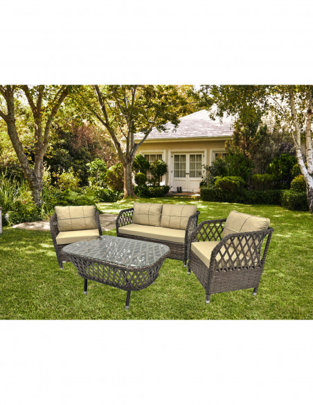 Set MARBELLA, 2 Sillones + Sofá 2 plazas + mesa, aluminio, ratán chocolate, cojines incluidos