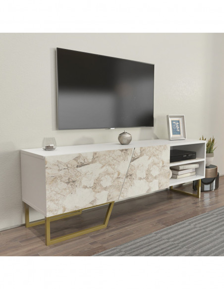 Mueble de TV MARCUS, biIaminado mármol blanco, 150 cms.