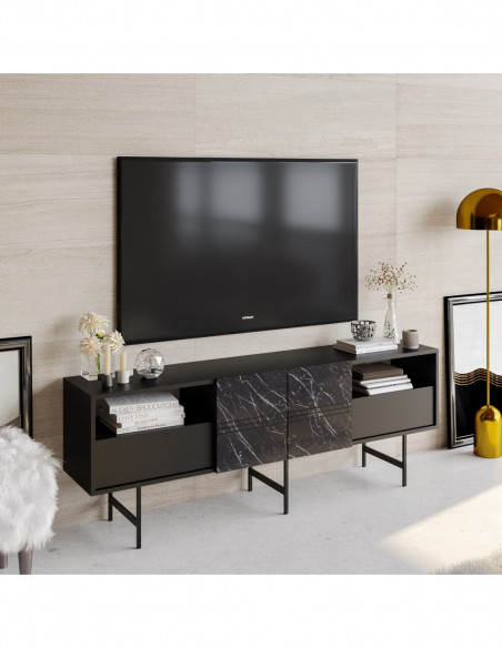 Mueble de TV SIMON, biIaminado mármol negro, 180 cms.