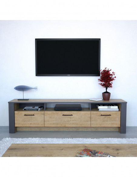 Mueble de TV PHILIPPA, biIaminado roble con gris oscuro, 180 cms.