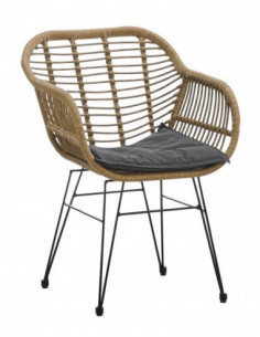 Sillón KUALA, metal, ratán beige, cojín negro