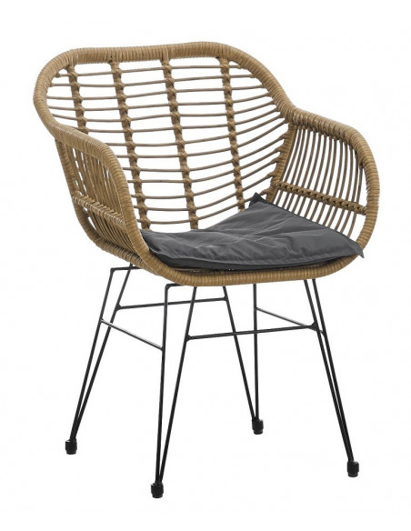 Sillón KUALA, metal, ratán beige, cojín negro