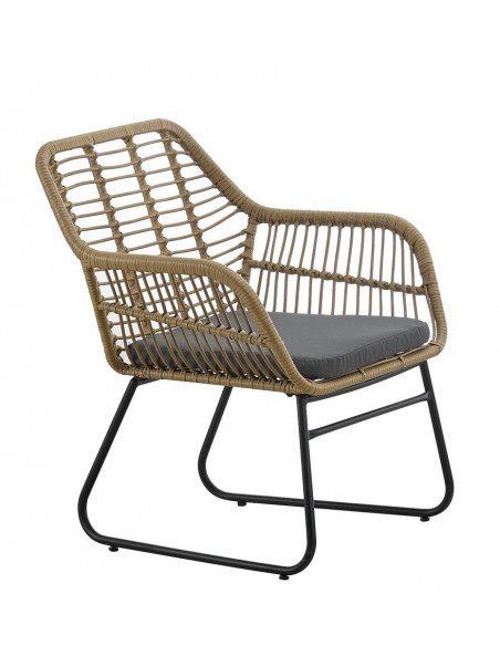 Sillón KROYA, metal, ratán beige, cojín negro