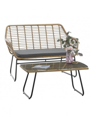 Sofá KROYA, metal, ratán beige, cojín negro