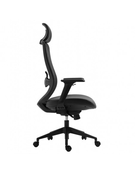 Sillón de oficina ARANJUEZ, alto, negro, ergonómico, multifunción, malla y asiento azul