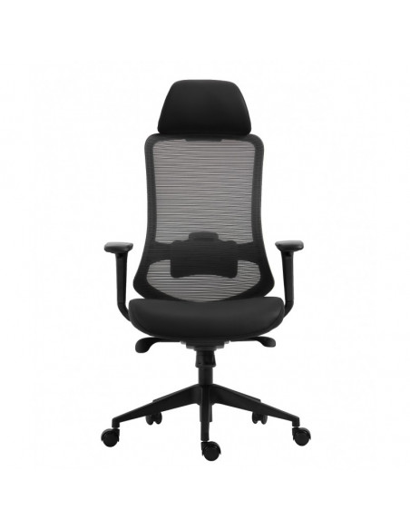 Sillón de oficina ARANJUEZ, alto, negro, ergonómico, multifunción, malla y asiento azul