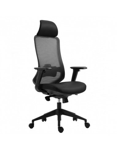 Sillón de oficina ARANJUEZ, alto, negro, ergonómico, multifunción, malla y asiento azul