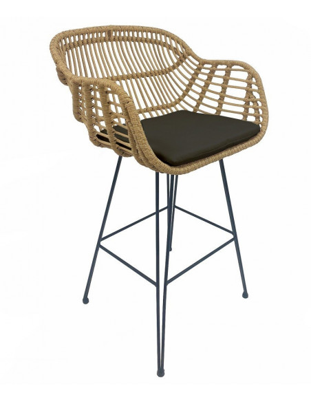 Taburete JAMBI, metal, ratán beige, cojín negro