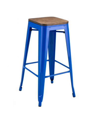 Taburete TOL EK WOOD, acero, azul, asiento madera