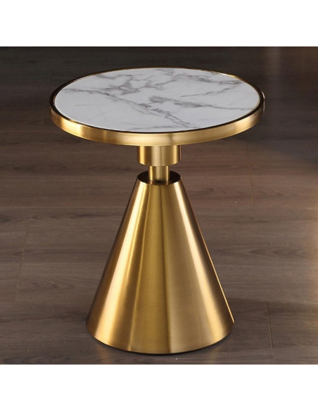 Mesa JASSY BL, baja, dorada, tapa cerámica mármol blanco, 50 cms de diámetro