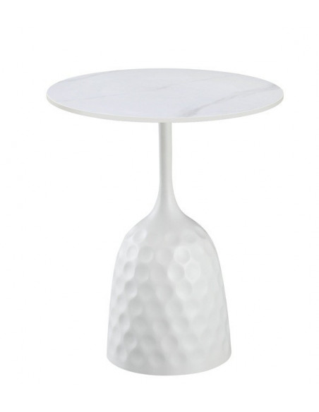 Mesa CAVEZZO, baja, blanca, tapa cerámica mármol blanco, 50 cms de diámetro