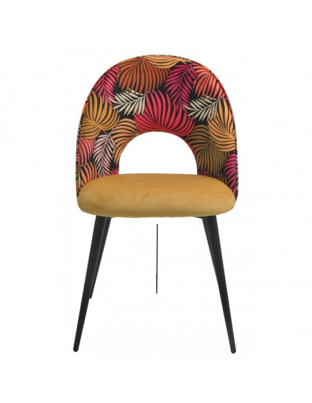 Silla ORQUIDEA, metal, tapizado velvet amarillo con respaldo floral a juego