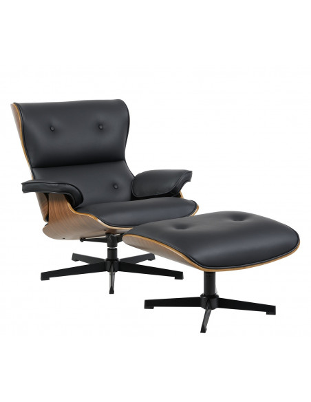 Butaca con ottoman AMERICA, madera, metal, similpiel negra