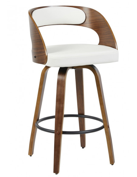 Taburete LOARRE, madera, similpiel blanca