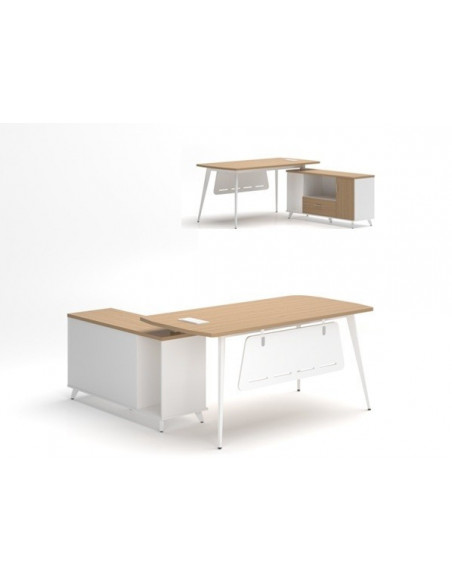 Mesa de oficina AREZZO 160, con mueble auxiliar, blanco y roble, 160 x 174 cms