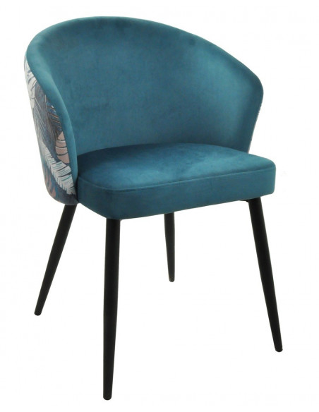 Silla LYDIA, metal, tapizado velvet azul con respaldo floral a juego