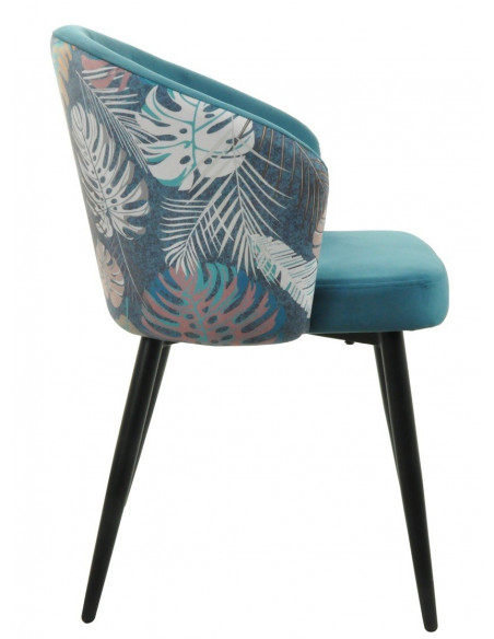 Silla LYDIA, metal, tapizado velvet azul con respaldo floral a juego