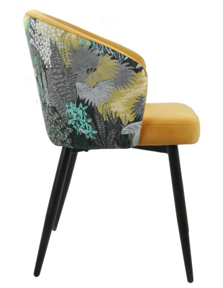 Silla LYDIA, metal, tapizado velvet amarillo con respaldo floral a juego