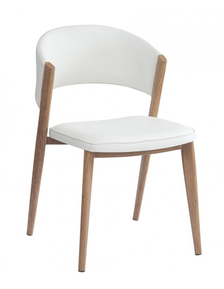 Silla CALABRIA, metal acabado de color madera, similpiel blanca