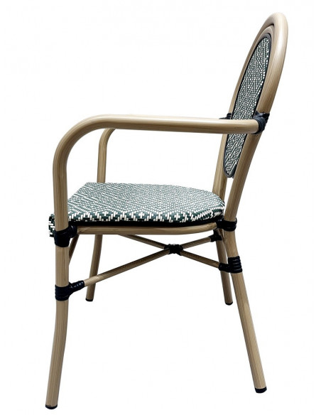 Sillón TARAMAY, apilable, aluminio, mesh crema y verde