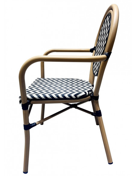 Sillón TARAMAY, apilable, aluminio, mesh blanco y negro